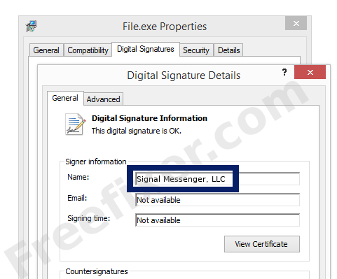 Screenshot of the Signal Messenger, LLC certificate